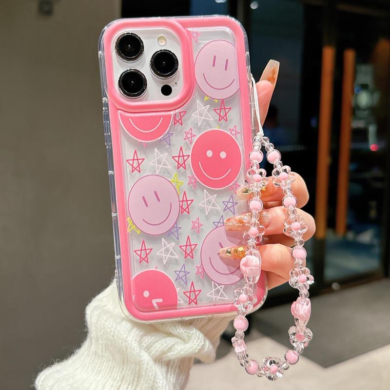 Cute Smile Face Pattern Phone Case with Beaded Chain, Decorative Phone Protector Cover, Phone Accessories Compatible with iPhone & Samsung