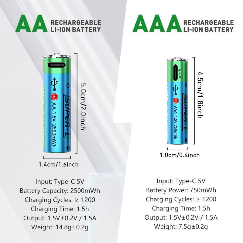 Type-C Rechargeable Battery, 4 Counts 1.5V 2500mWh AA Battery & 1 Count 1.5V 750mWh AAA Battery with 4-in-1 Type-C Charging Cable, Perfect for Household and Business Devices