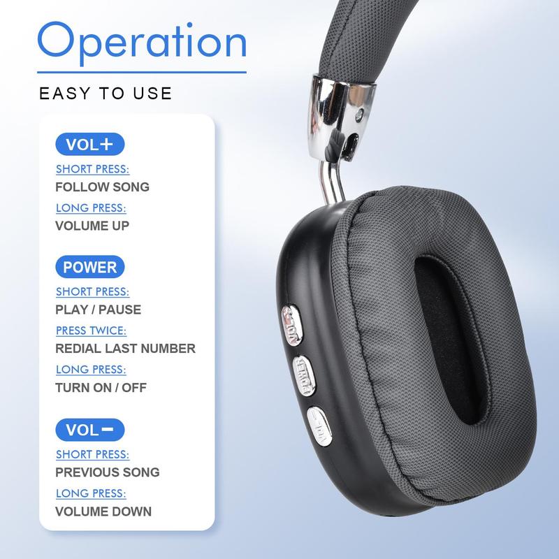 Wireless Over-ear Headphone, Retractable & Foldable Headset with Mic, Noise Cancelling Headphone for Gaming & Sports