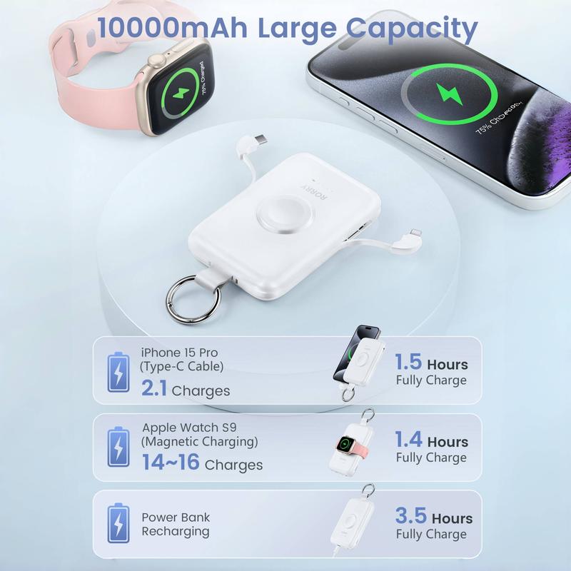 RORRY 10000mAh 20W PD Fast Charging Power Bank with Built-in Cable & Keychain, for iPhone 15 14 13 12 11 and Apple Watch Ultra 9 8 7 6 5 4 3 2