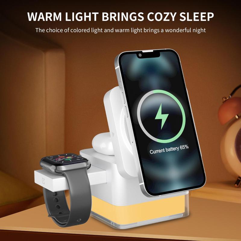 15W Wireless Charging Station, 3-in-1 Foldable Magnetic Wireless Charging Stand, Phone Holder for Charging with Night Light, Compatible with iPhone 12-15