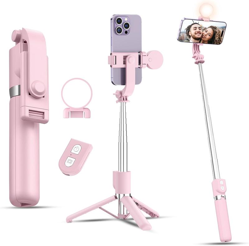 Selfie Stick with Rechargable Remote and Light, Tripod for iPhone, Cell Phone Stand for Video Recording, Portable Travel  Smartphone Mount Holder, Extendable Vlogging Filming Accessories