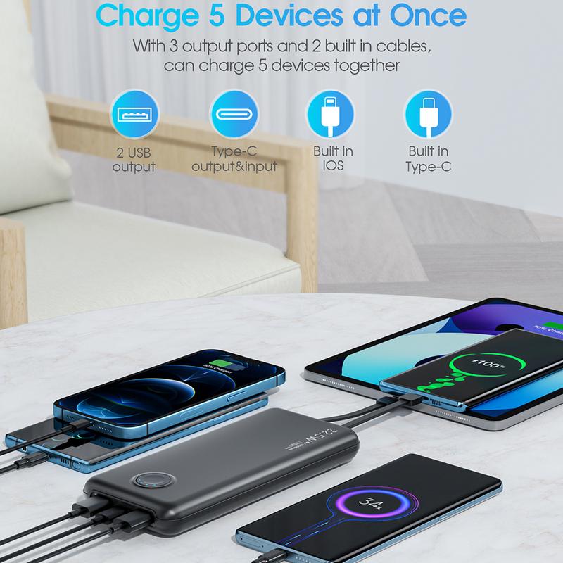 Portable Charger, Slim 12000mAh 5V 4.5A Power Bank,Portable Charger with Built-in Cables,USB C in&out High-Speed Charging Battery Pack Travel Battery Pack 5 Outputs 22.5W Fast Charging with dual cables  for iPhone iPad&android for All Smartphone