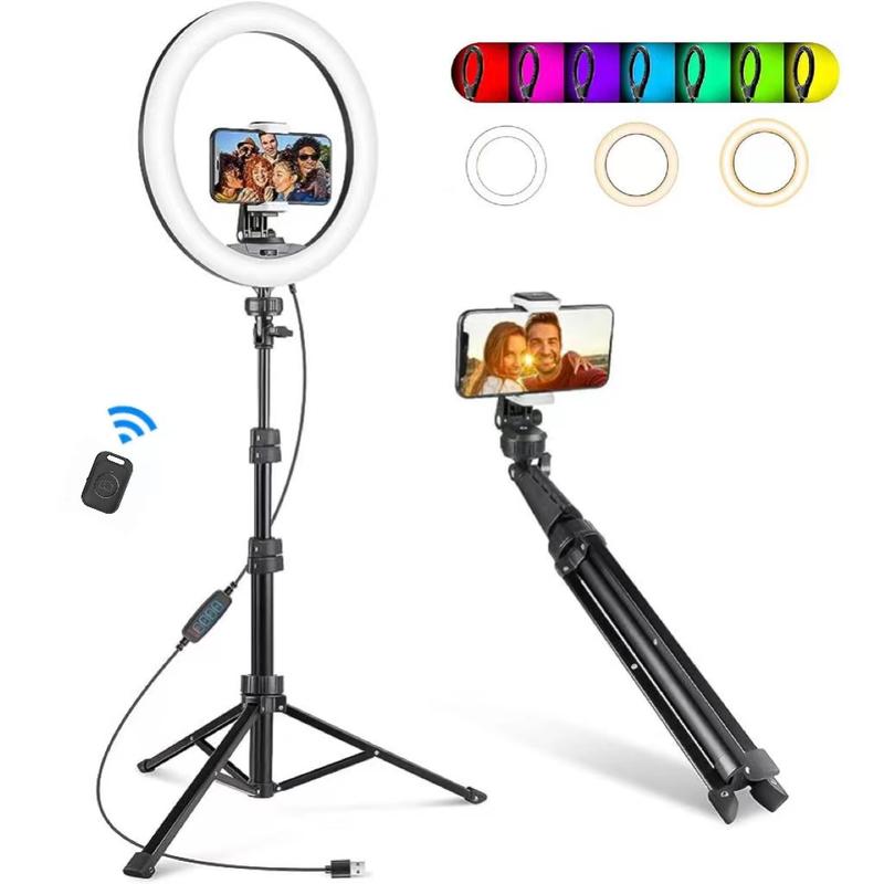 NEW! 12’’ RGB Selfie Ring Light with 62’’ Tripod and Phone Holder, 18 Color LED Light for Video Recording, Compatible with Cell Phones and Cameras