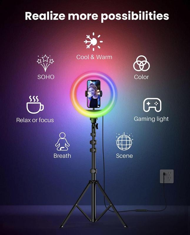 NEW! 12’’ RGB Selfie Ring Light with 62’’ Tripod and Phone Holder, 18 Color LED Light for Video Recording, Compatible with Cell Phones and Cameras