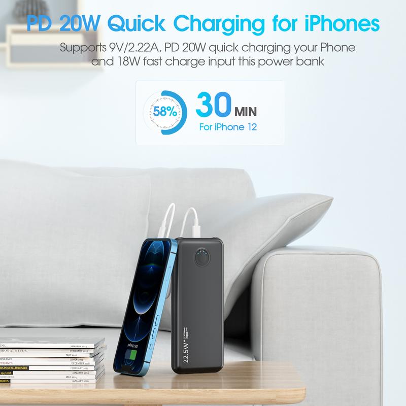 Portable Charger, Slim 12000mAh 5V 4.5A Power Bank,Portable Charger with Built-in Cables,USB C in&out High-Speed Charging Battery Pack Travel Battery Pack 5 Outputs 22.5W Fast Charging with dual cables  for iPhone iPad&android for All Smartphone