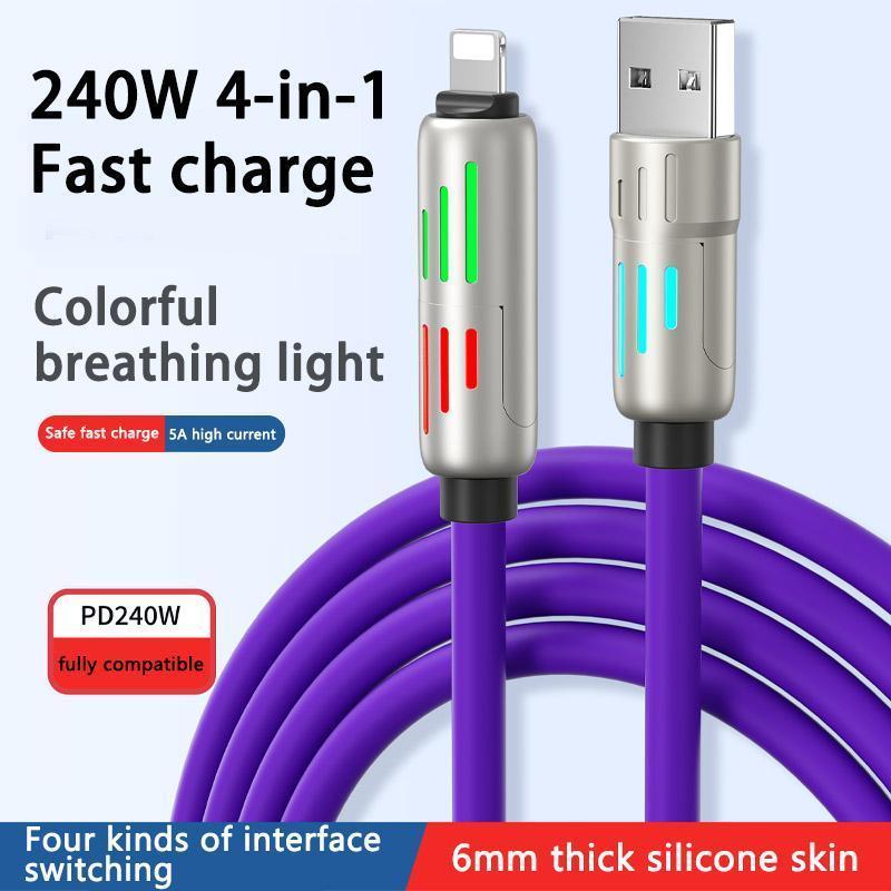 4-in-1 USB Charging Cable – Multi-National Aluminum Alloy, MAX 240W Fast Charging (USB A, Type C, Lightning), Ideal for iPhone 15 14, Samsung Galaxy, Android Phones, iPad Pro & More.