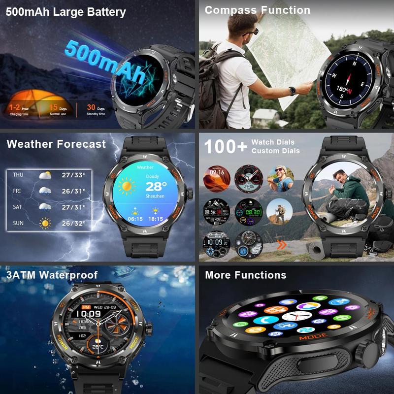 1.53 Inch Multifunctional Smart Watch, Fashion Digital Watch with Compass & Flashlight, Sports Fitness Tracker Smartwatch for Android iOS