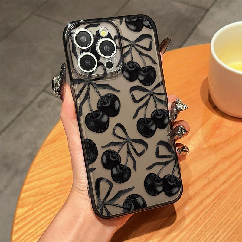 Cherry & Bow Pattern Phone Case, Decorative Anti-drop Cellphone Protective Case, Total Protective Shockproof Phone Cover for iPhone 11 12 13 14 15 16 Pro Max X XR