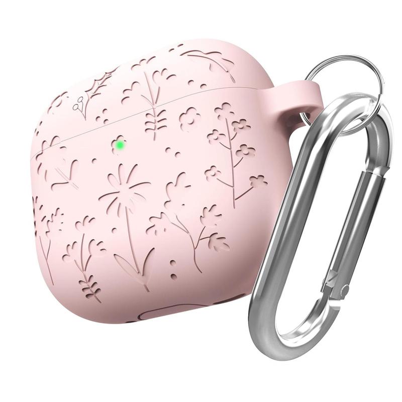 Floral Engraved Case with Keychain for AirPods 4th Generation, Shock-proof Protective Silicone Case for Apple AirPods 4th Generation