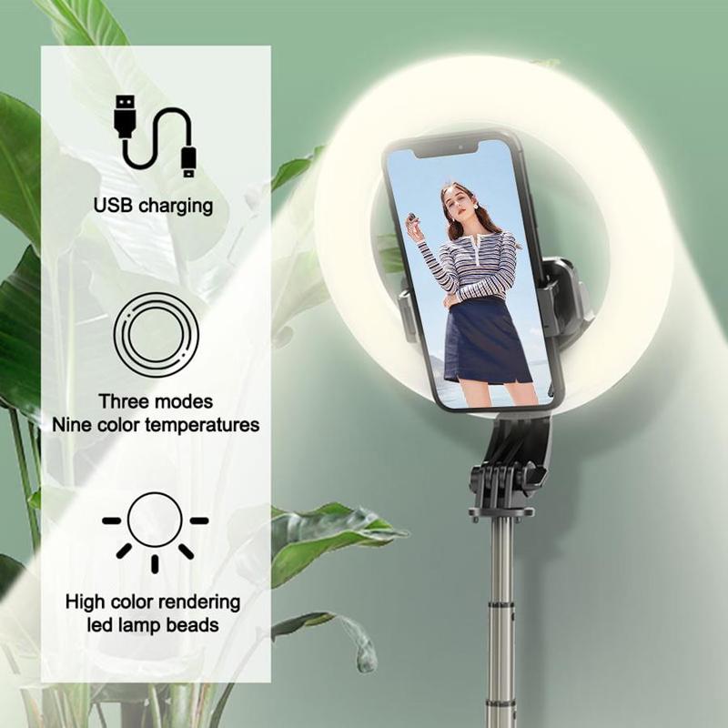 Portable Selfie Stick with Ring Light, 360 Degree Rotatable Cell Phone Selfie Tripod with Remote Control