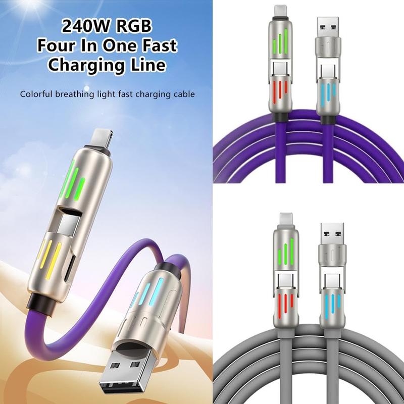 4-in-1 240W USB Charging Cable, fast charging cable USB A+ TYPE C + Lightning Multi national aluminum alloy cable management suitable for iPhone 16 15 14 Samsung Galaxy, Android Phones & Tablets iPad Pro Smartphone Cellphone Mobile Electronic