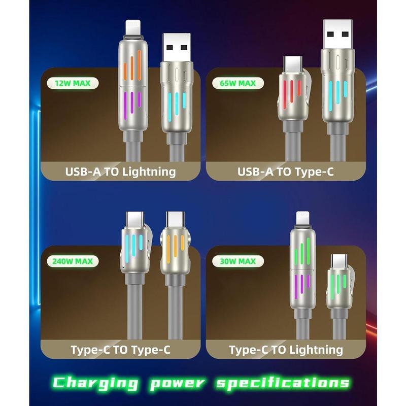 4-in-1 240W USB Charging Cable, fast charging cable USB A+ TYPE C + Lightning Multi national aluminum alloy cable management suitable for iPhone 16 15 14 Samsung Galaxy, Android Phones & Tablets iPad Pro Smartphone Cellphone Mobile Electronic