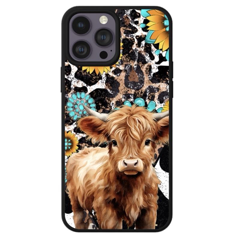 Highland Cow Turquoise and Leopard Western Print Phone Case for iPhone 16 15 14 13 12 11 X XS 8 7 6 with Impact-Resistant TPU - Protective