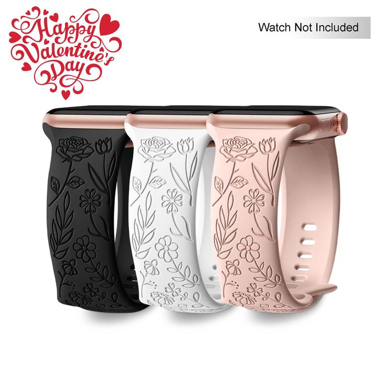 Floral Engraved Replacement Watchband for iWatch (Band Only), 3 Counts Floral Pattern Smart Watch Band, Silicone Watch Band Compatible with iWatch Series 9 8 7 6 5 4 3 2 1 SE Ultra 2