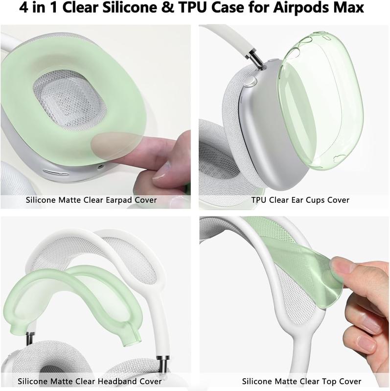 [4 in 1]  Case Cover for AirPods Max, Clear TPU Ear Pad Cover Ear Cups Cover Headband Cover for AirPods Max, Accessories  Protector for  AirPods Max  USB-C (2024), Clear Green