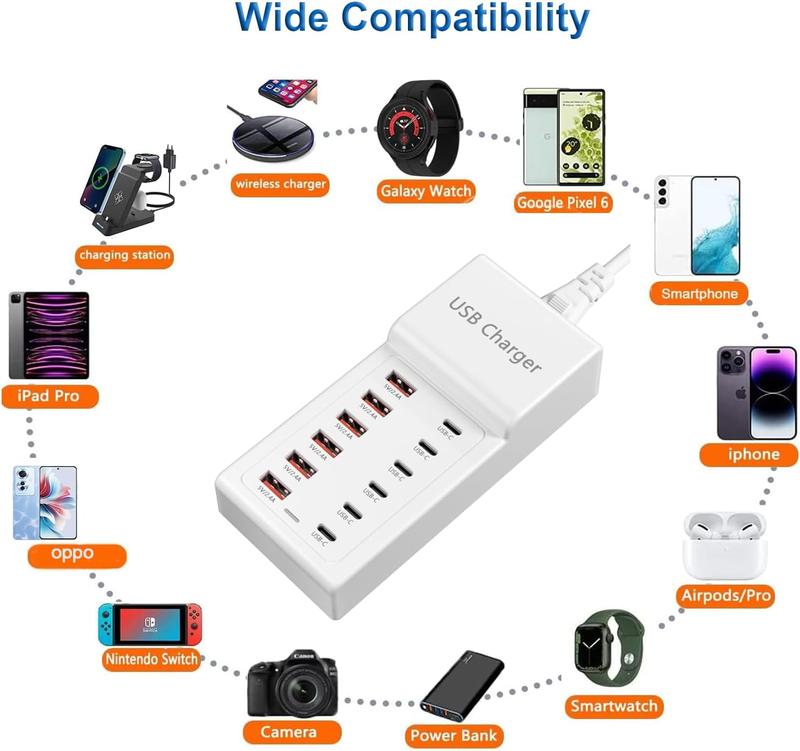 USB C Charger USB  Station for Multiple Devices USB Charger 12-Ports Power Hub Strip  Plug  Dock Charge Block Compatible with  13 14 15 16 Smartphone Tablet