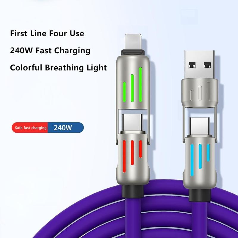 4-in-1 240W USB Charging Cable, fast charging cable USB A+ TYPE C + Lightning Multi national aluminum alloy cable management suitable for iPhone 16 15 14 Samsung Galaxy, Android Phones & Tablets iPad Pro Smartphone Cellphone Mobile Electronic