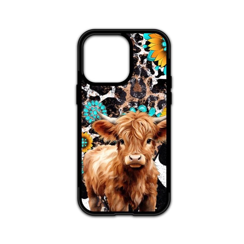 Highland Cow Turquoise and Leopard Western Print Phone Case for iPhone 16 15 14 13 12 11 X XS 8 7 6 with Impact-Resistant TPU - Protective