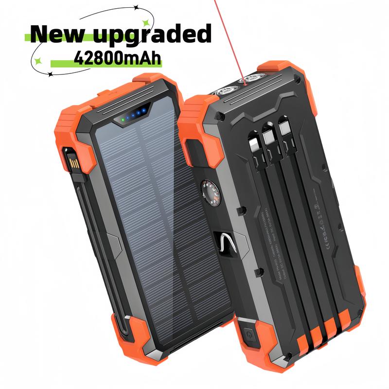 W33 Solar Power Bank 42800mAh, 4 Cables, Thermometer, 15W Fast Charge, 2 USB-C, 1 Lightning.