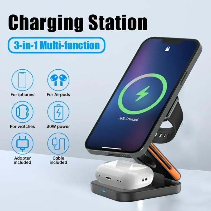 3 in 1 Wireless Charging Station, 1 Count 15W Wireless Charger Stand, Portable Wireless Charger Station Compatible with iPhone 15 14 13 12 11, Stocking Fillers Gift