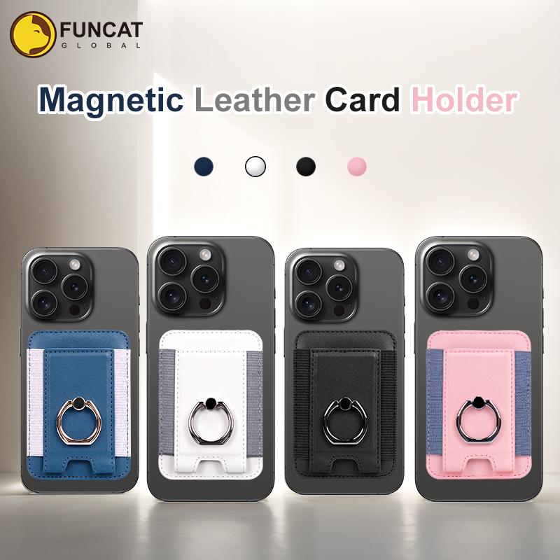 FUNCAT GLOBAL Magnetic Card holder.  Fit iPhone 12 13 14 15 16, Leather Card Case. Ring design: Can be use as Phone Stand.