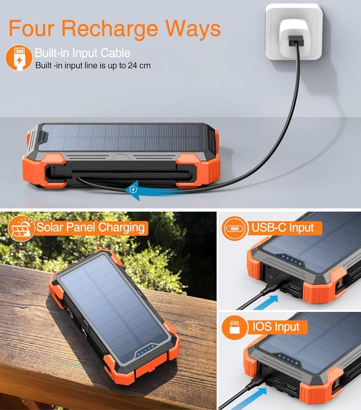 W33 Solar Power Bank 42800mAh, 4 Cables, Thermometer, 15W Fast Charge, 2 USB-C, 1 Lightning.