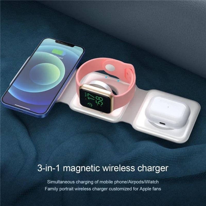 3 in 1 15W Magnetic Wireless Charger, Foldable Portable Travel Charger, Magnetic Wireless Charger for iPhone 11 12 13 14 15 16 Series, AirPods 3 Pro, Apple Watch