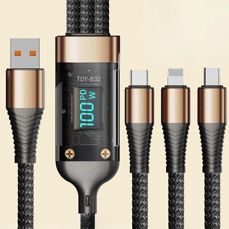 3-In-1 100W Transparent Fast Charging Cable with Digital Display, Braided USB C Cable Real Time Fast Charging for iPhone Samsung OPPO