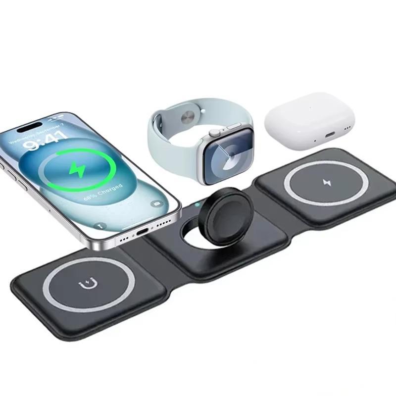 3 in 1 15W Magnetic Wireless Charger, Foldable Portable Travel Charger, Magnetic Wireless Charger for iPhone 11 12 13 14 15 16 Series, AirPods 3 Pro, Apple Watch