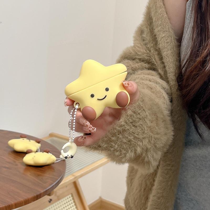 Cute Star Design Silicone Earphone Case with Moon Shaped Keychain, Decorative Earphone Protector Cover, Earphone Accessories Compatible with AirPods