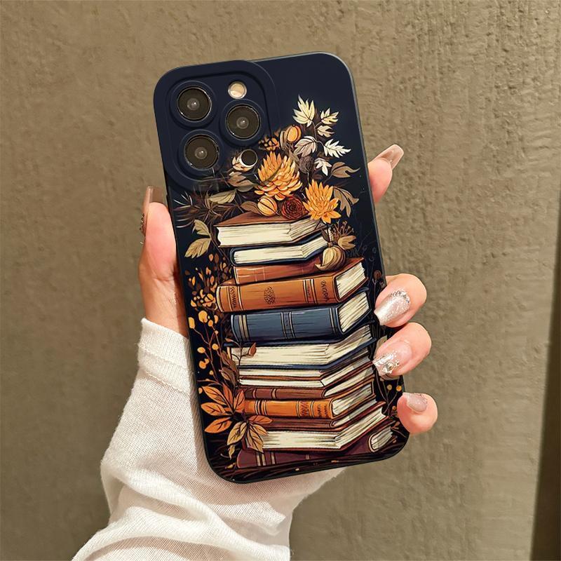 Book & Flower Pattern Phone Case, Full Body Shockproof Phone Protective Cover, Phone Cases, Fashion Phone Accessories Compatible with iPhone 11 12 13 14 15 Pro Max