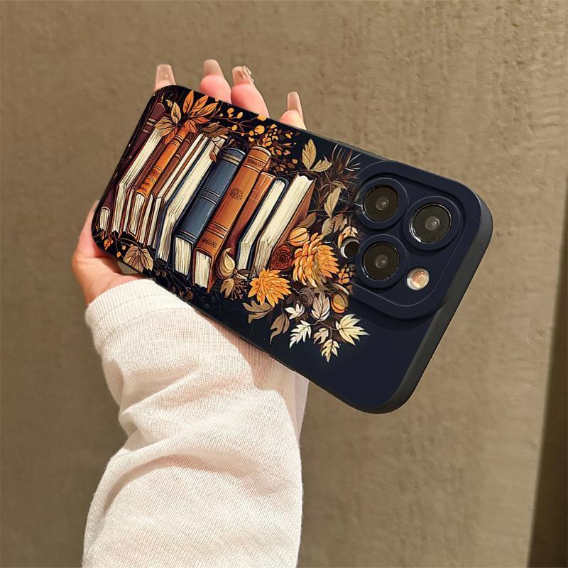 Book & Flower Pattern Phone Case, Full Body Shockproof Phone Protective Cover, Phone Cases, Fashion Phone Accessories Compatible with iPhone 11 12 13 14 15 Pro Max