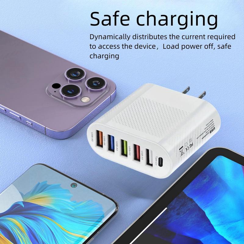 65W US Plug 6 Port USB Charger Including Type-c & USB, Multifunctional Fast Charging Charger Compatible With iPhone, Phone Accessories