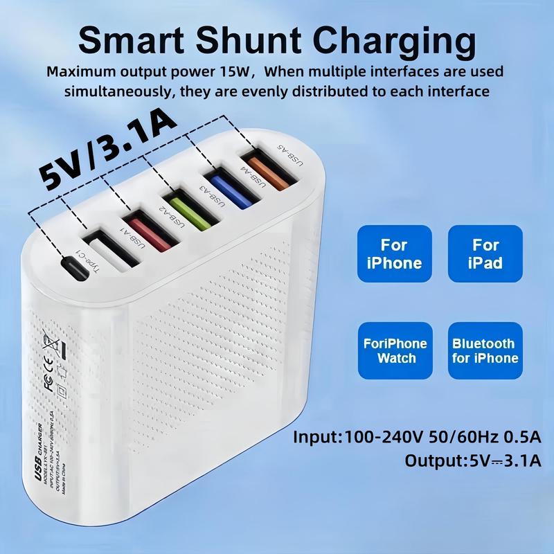 65W US Plug 6 Port USB Charger Including Type-c & USB, Multifunctional Fast Charging Charger Compatible With iPhone, Phone Accessories