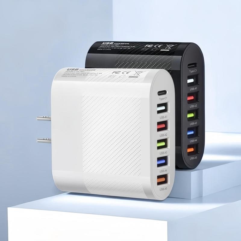 65W US Plug 6 Port USB Charger Including Type-c & USB, Multifunctional Fast Charging Charger Compatible With iPhone, Phone Accessories