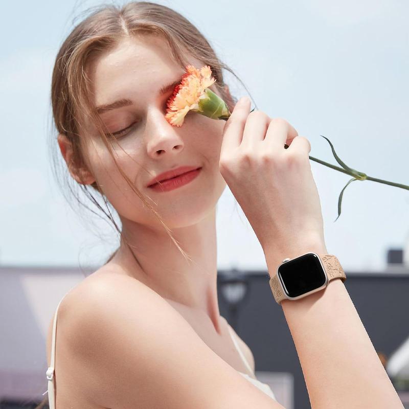 Rose Floral Engraved Watch Band for Apple Watch (Band Only), 4 Counts Fashion Silicone Watch Band, Soft Silicone Sport Watch Band For iWatch Series 9 8 7 6 5 4 3 2 1 SE Ultra