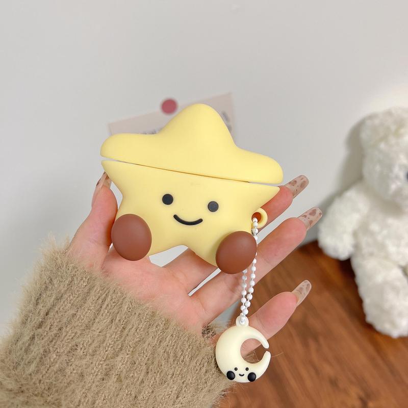 Cute Star Design Silicone Earphone Case with Moon Shaped Keychain, Decorative Earphone Protector Cover, Earphone Accessories Compatible with AirPods