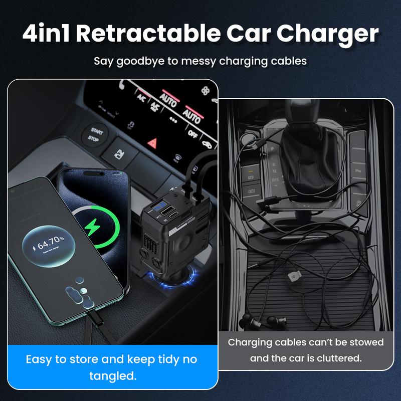 Retractable Car Charger, 4 in 1 Fast Car Phone Charger 65W, 2 Retractable Cables and USB Car Charger, USB C Car Charger for iPhone 15 14 13 12 11, Galaxy,Pixel Smartphone Cellphone Electronic Charging Mobile