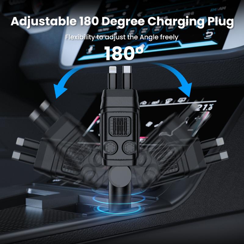 Retractable Car Charger, 4 in 1 Fast Car Phone Charger 65W, 2 Retractable Cables and USB Car Charger, USB C Car Charger for iPhone 15 14 13 12 11, Galaxy,Pixel Smartphone Cellphone Electronic Charging Mobile