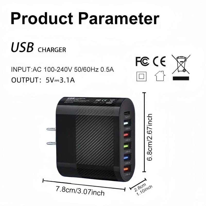 65W US Plug 6 Port USB Charger Including Type-c & USB, Multifunctional Fast Charging Charger Compatible With iPhone, Phone Accessories