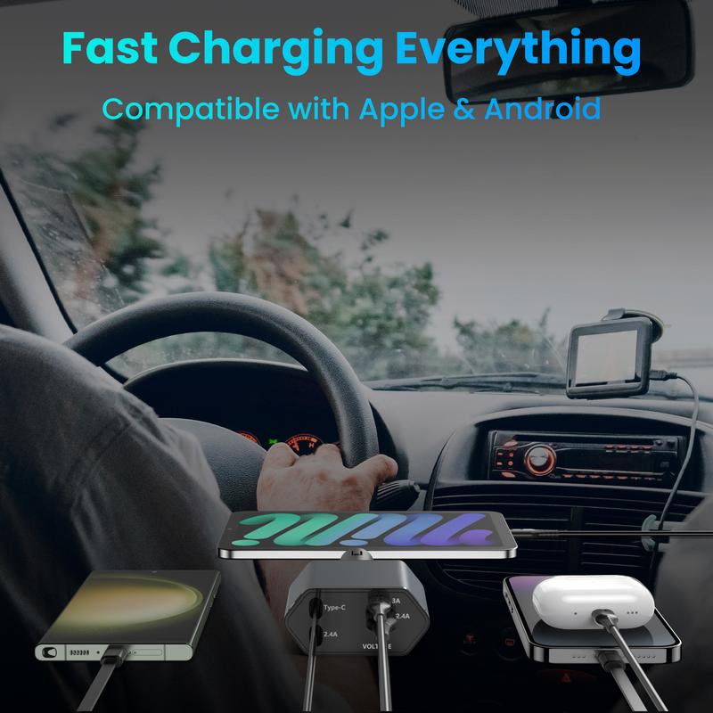 Retractable Car Charger,66W 4 in 1 Super Fast Charge Car Phone Charger,Retractable Cables and 2 USB Ports Car Charger Adapter for iPhone 15 14 13 12 Pro Max XR,iPad,Samsung, Christmas Gifts