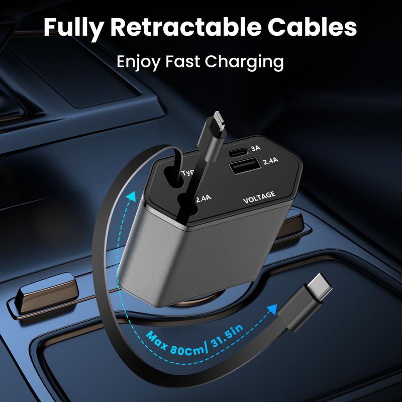 Retractable Car Charger,66W 4 in 1 Super Fast Charge Car Phone Charger,Retractable Cables and 2 USB Ports Car Charger Adapter for iPhone 15 14 13 12 Pro Max XR,iPad,Samsung, Christmas Gifts