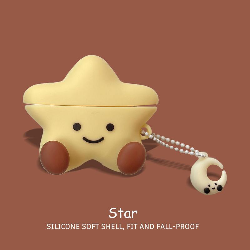 Cute Star Design Silicone Earphone Case with Moon Shaped Keychain, Decorative Earphone Protector Cover, Earphone Accessories Compatible with AirPods