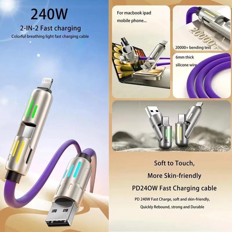 4 in 1 Charging Cable, Fast Charging 240W USB A+ Type C Multi-function Aluminum Alloy 240W for iPhone 16 15 14 Samsung Galaxy, Android Phone iPad Pro