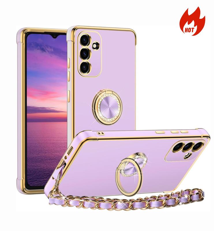 Silverback For Samsung Galaxy A14,15,25,35,54 Case,Portable Ring Holder Stand, Luxury Bling Electroplated Diamond Protective Shockproof Phone Case with Strap, Cute Soft TPU Handheld Cellphone Accessories Protection