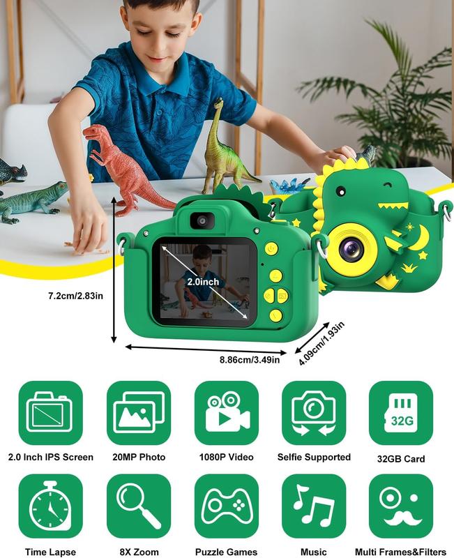 Kids Camera, Dinosaur Toddler Digital Camera for Ages 3-12 Boys Girls Childrens, Christmas Birthday Gifts, Selfie 1080P HD Video Camera for 3 4 5 6 7 8 9 Years Old Boys Girls Toys Gifts