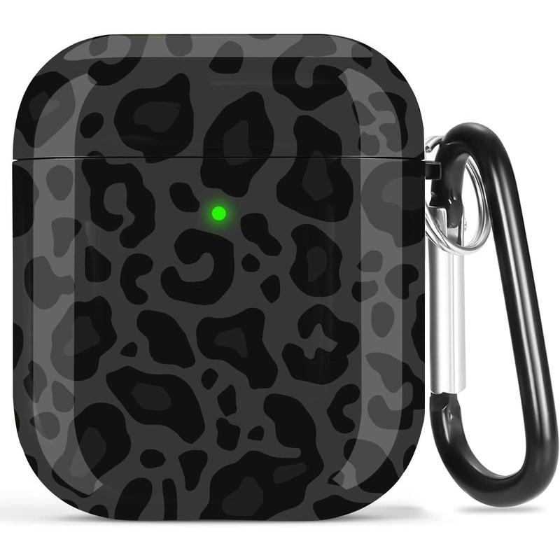 For Airpods Case Leopard Women, Cute Print Airpod 2nd 1st Generation Shockproof Protective Cover Skin Shell Girls with Keychain for Apple AirPods 2&1 Case - Black Grey Leopard