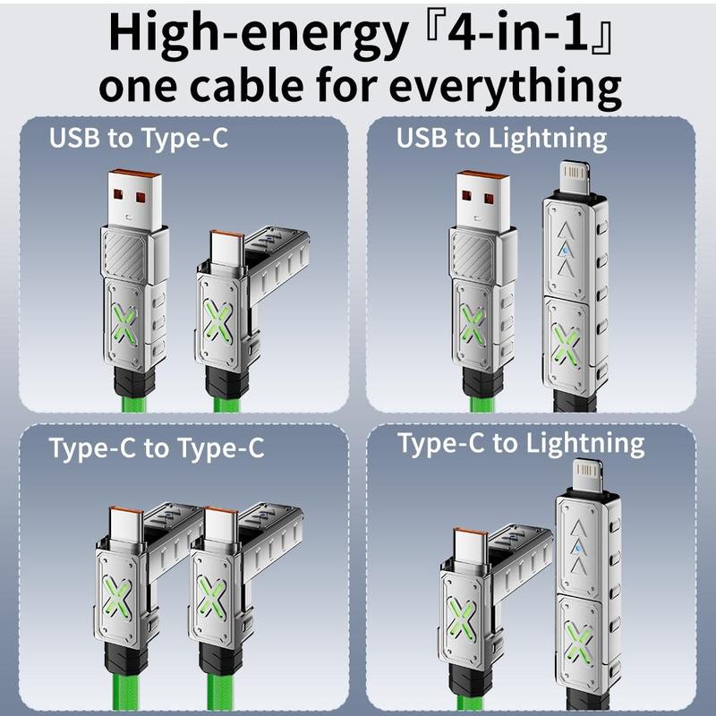 4 in 1 High-Speed 240W Luminous Fast Charging USB-C Cable, 1 Count Anti-tangle Design USB-C Cable, Ideal Gift for Smartphones