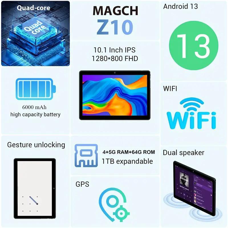 BlackFriday MAGCH 10Inch Android 13 Tablet 2024, 4GB RAM 64GB ROM, 6000MAh, Quad Core Processor, 2MP 5MP Camera, Type-C, Cheap 10inches Touchscreen Learning Smart Tabletpc With Case, Tiktok Shop Back To School Sale